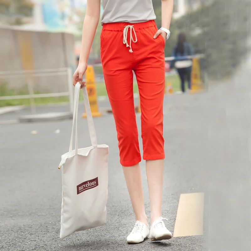 2017 Cotton and Linen Women Capri Pants Summer Candy Color Pencil Trousers Tie Rope Elastic Waist Plus Size linen Casual Pants