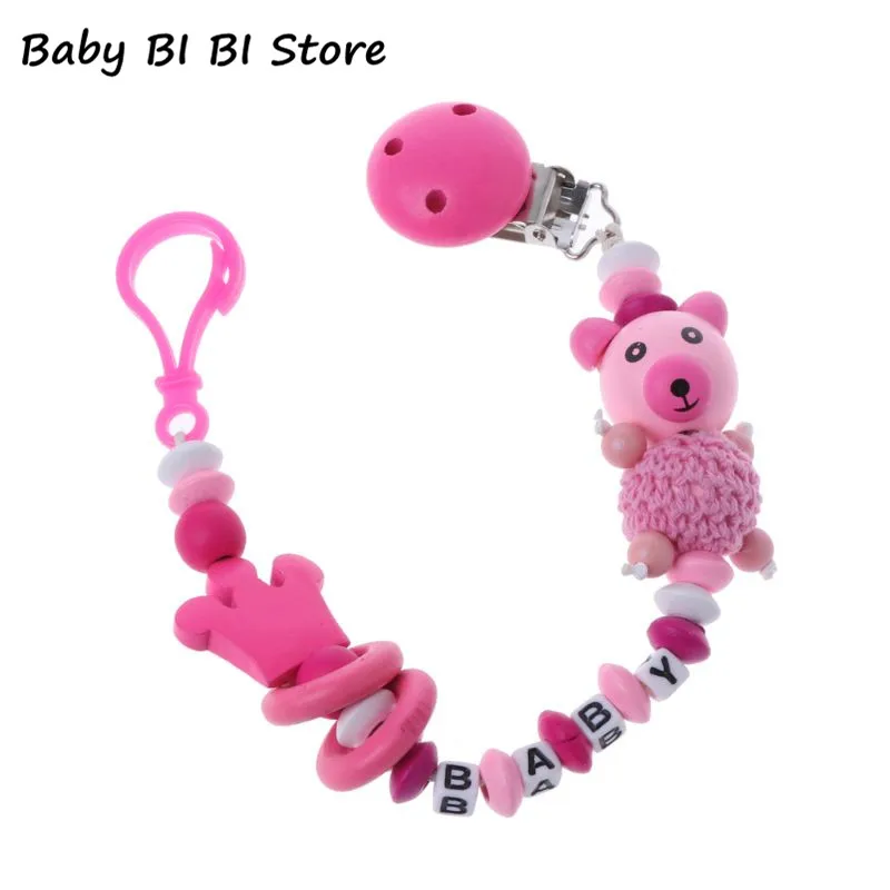 Baby Pacifier Clip Chain Infant Boys Girls Cute Cartoon Bear Letters Toys Teether Pacifier Chain Holder Baby Nipple Feeding - Color: Hot Pink