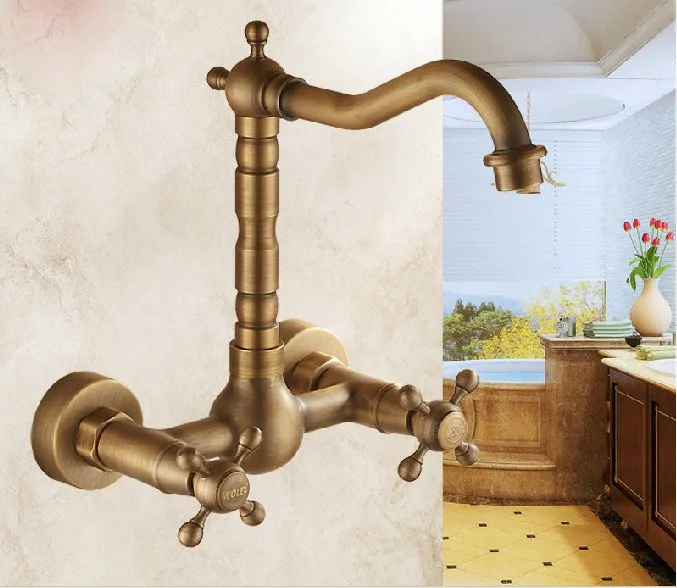 Antique Brass Wall Mount Bathroom Kithcen Sink Faucet Swivel Spout Mixer Tap