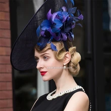 Hipódromo de kentucky derby sombreros para la fiesta del té vestidos blanco negro mujeres sombreros de la iglesia grande elegante sombrero fedora sombrero chapeau femme