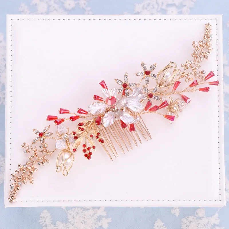 Bridal Tiara Red Crystal Flower Leaves Golden Hair Comb Elegant Temperament White Flowers Hair Comb Wedding Accessories Headclip