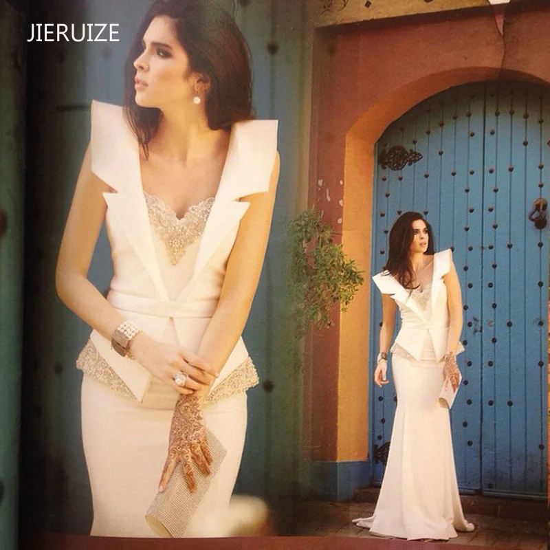 JIERUIZE White Mermaid Arabic Evening Dresses Long Beading Peplum Formal Dresses Dubai Arabic Dresses Mother of The Bride Dress