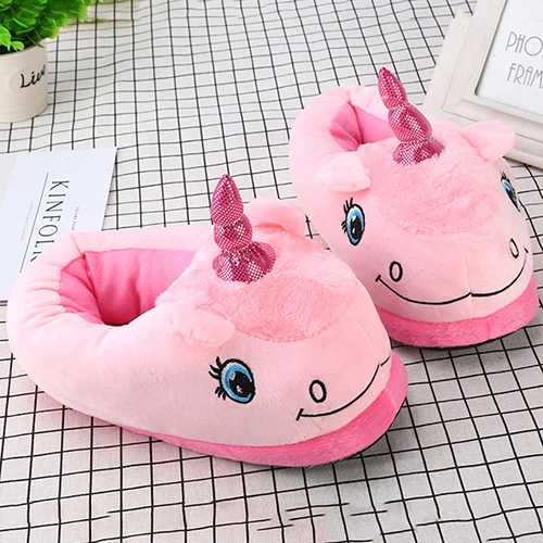 pink Slippers Теплые хлопковые зимние женские домашние тапочки; мягкие домашние тапочки с единорогом из мультфильма; нескользящие домашние тапочки; милая обувь для девочек; обувь - Цвет: pink Slippers