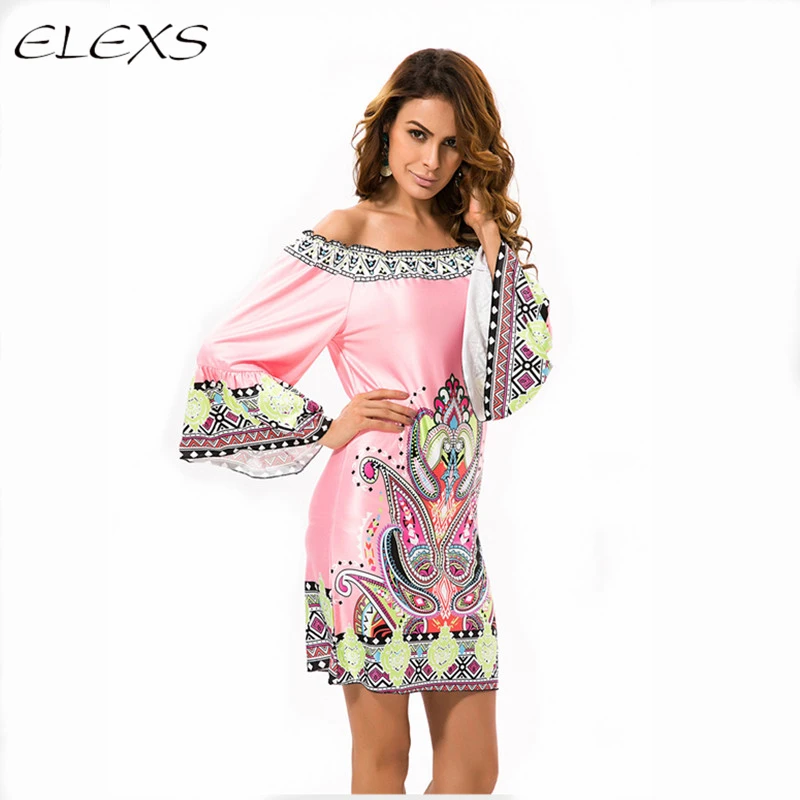 

ELEXS 2018 Women's Summer Bohemian Thai Style Dress Sexy Sundress Ethnic Floral Print Tunic Beach Dresses E8425