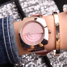 New Ladies Fashion Top Brand Clock Analog Quartz Woman Dress Wrist Watch Clocks Simple Genuine leather Half Cover Casual Watches
