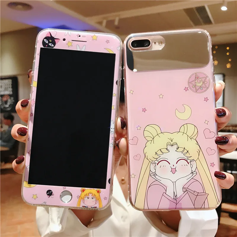 

For iphone 8plus Cute Sailor Moon mirror soft Case + Glass Screen film For iPhone XS max XR X 7 8 7Plus 6S 6SP pink case