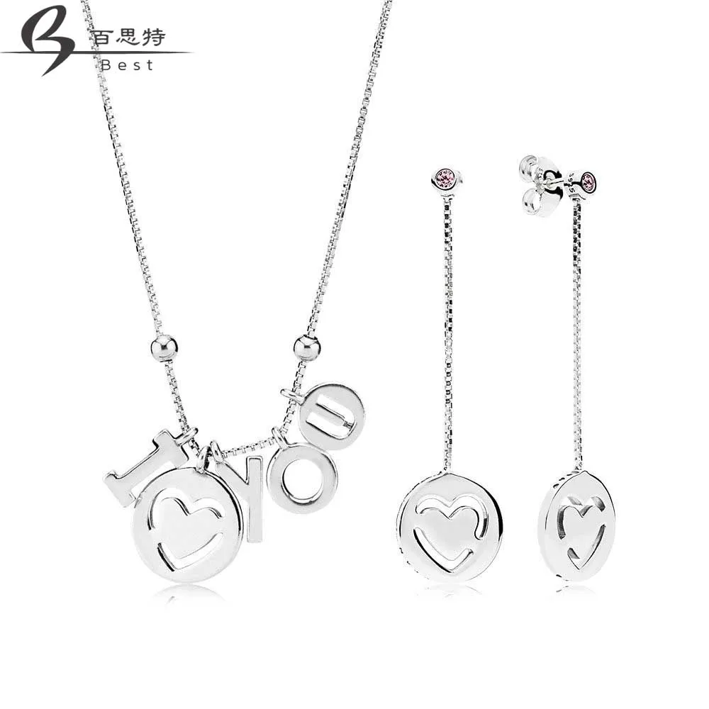 

BEST 100% 925 Sterling Silver I Love You Necklace and Earring Gift Set fit charm original NECKLACE jewelry Set