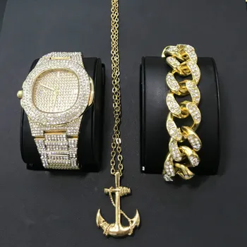 

Luxury Men Gold Color Watch & Bracelet & Necklace Combo Set Ice Out Cuban Watch Anchor Pendant Necklace Set Hip Hop For Men