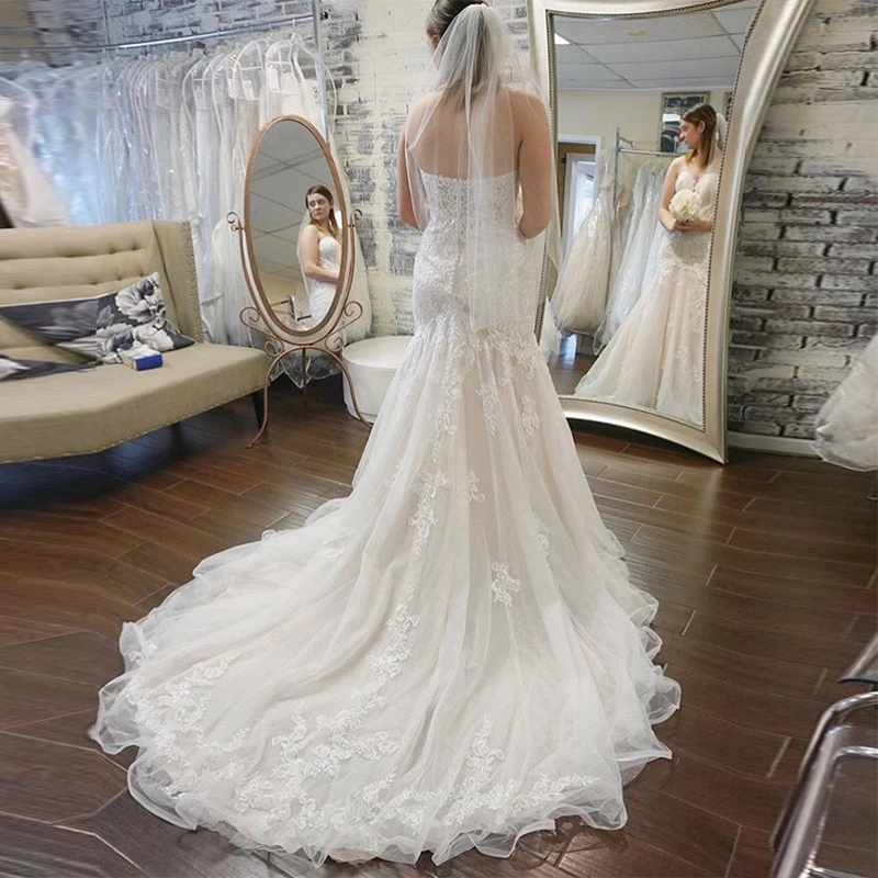 

Elegant Mermaid Wedding Dresses Sweetheart Neckline Appliques American Bridal Gown White Ivory Vestido De Noiva Chapel Train