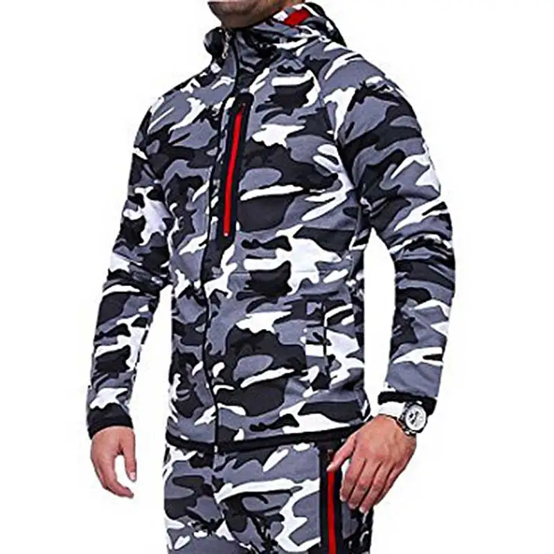 Мужской комплект с камуфляжным принтом, модная куртка на молнии, мужской спортивный костюм из 2 предметов, Спортивная толстовка с капюшоном, штаны, костюм для бега MY052