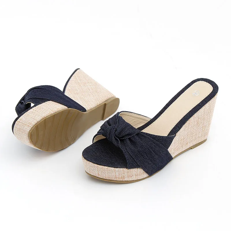 

Denim Casual Slip-on Solid Leisure Women Sandals Butterfly-knot Wedges Summer Sandale Femme Beach Shoes