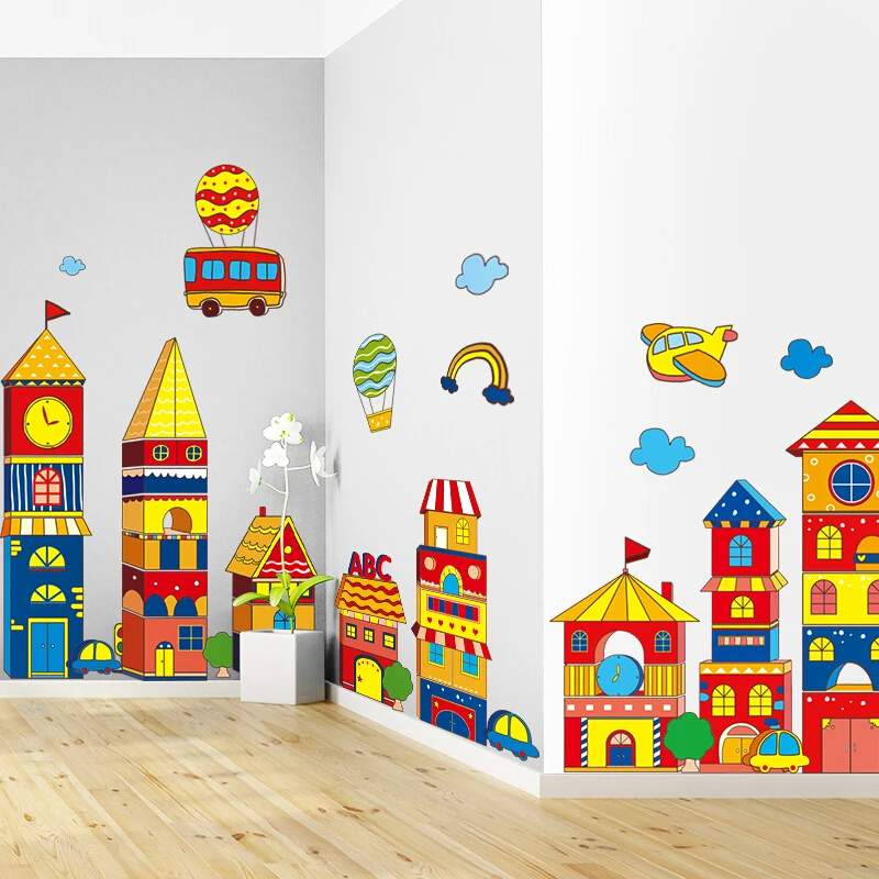  Large Castle Cartoon Wall Sticker for Kids Room Living Room Kindergarten Baby Nursery Color Buildin - 33046369174