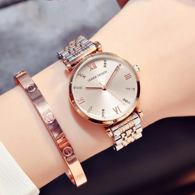 

New LGXIGE StainlessSteel Top brand luxury rose gold watch Geneva Clock Diamond quartz watch ladies wrist watch relogio feminino