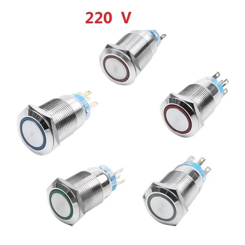 

19mm 220V LED Long Section ON/OFF Silver Waterproof Self-locking/ Self Return Momentary Latch Push Button Flate Switch Car Switc