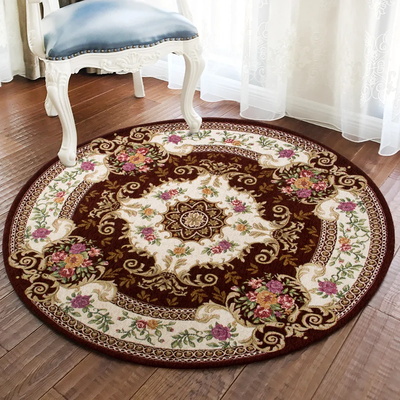 

European-style Jacquard Round Rug Computer Chair Swivel Chair Cushion Sitting Room Bedroom Study Floor Mat Machine Wash Carpet.