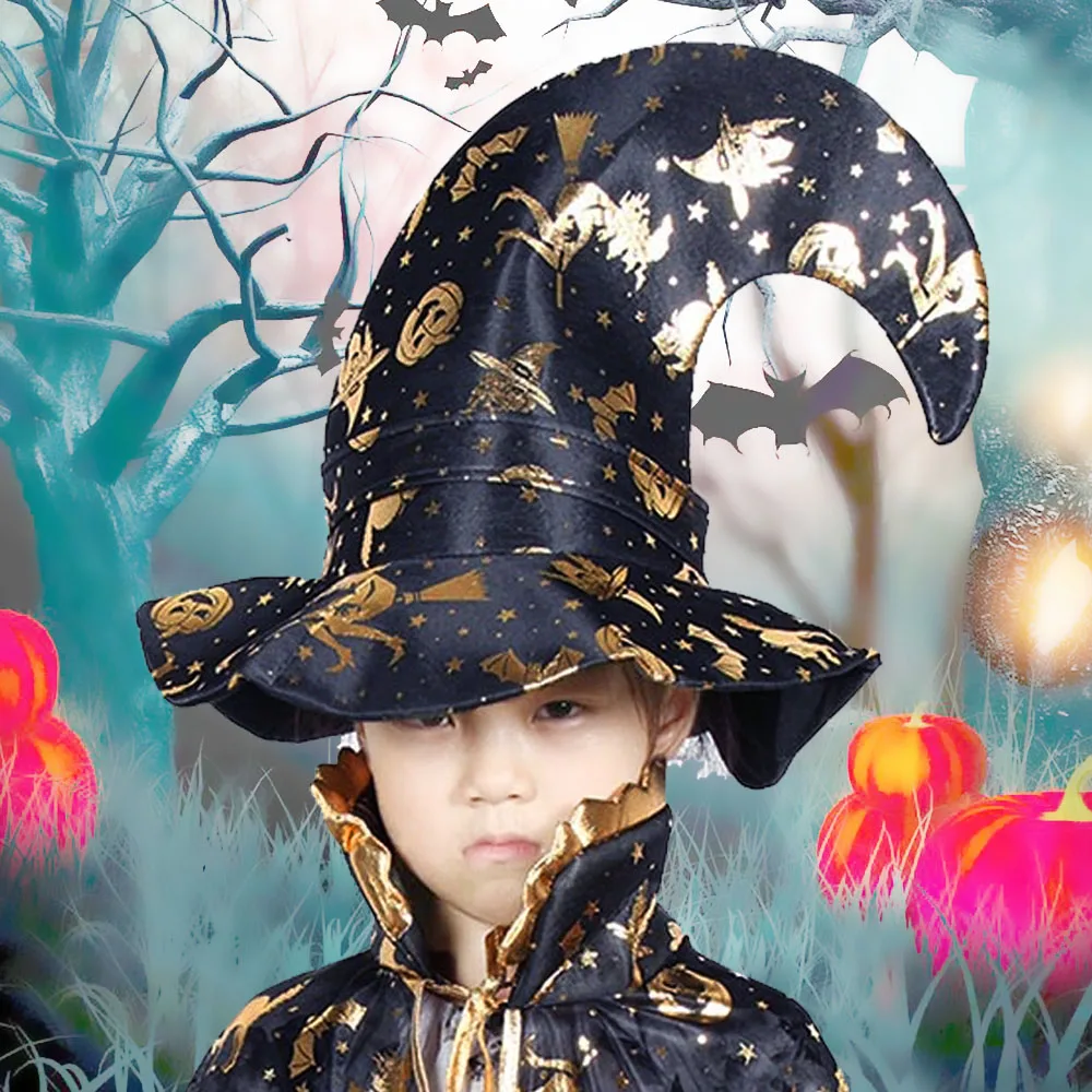 Besegad Детская Шляпа Волшебника Witchs шляпа Тыква Полумесяца Wizards изогнутые Кепки Хэллоуин маскарад Косплэй костюм аксессуары