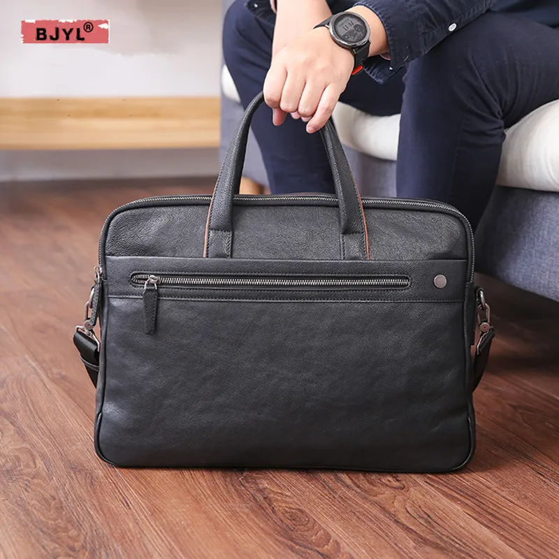 

BJYL Men's handbag genuine leather business casual single shoulder bag large capacity head layer cowhide computer Briefcase