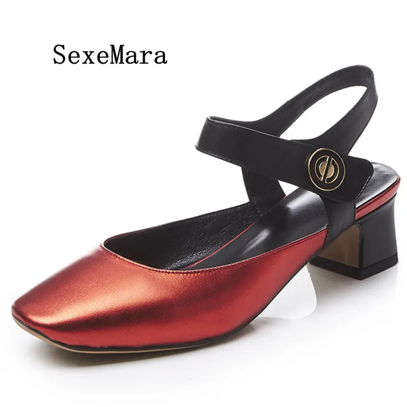 

SEXEMARA Button Square Head Sandals Woman Shallow High Heel Sandals 2017 Summer Casual Fashion Genuine Leather Red Women Sandal