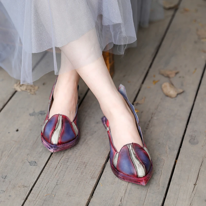

Women Leather Flats Purple Striple Retro Shoes Spring 2019 Embroidery Flats Lady Lazy Shoes Brand Handmade Genuine Leather Flat