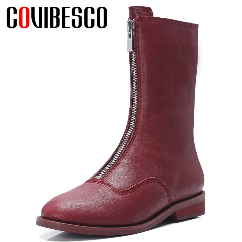 

COVIBESCO Warm Spring Autumn Genuine Leather Women Knee Boots Square Heels Solid Zip Women Shoes New Fashion Elegant Shoes Woman