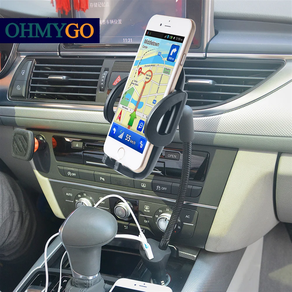 OHMYGO Car Phone Holder Mount with Dual USB Charger Car Charger Stand Cradles for Samsung Xiaomi