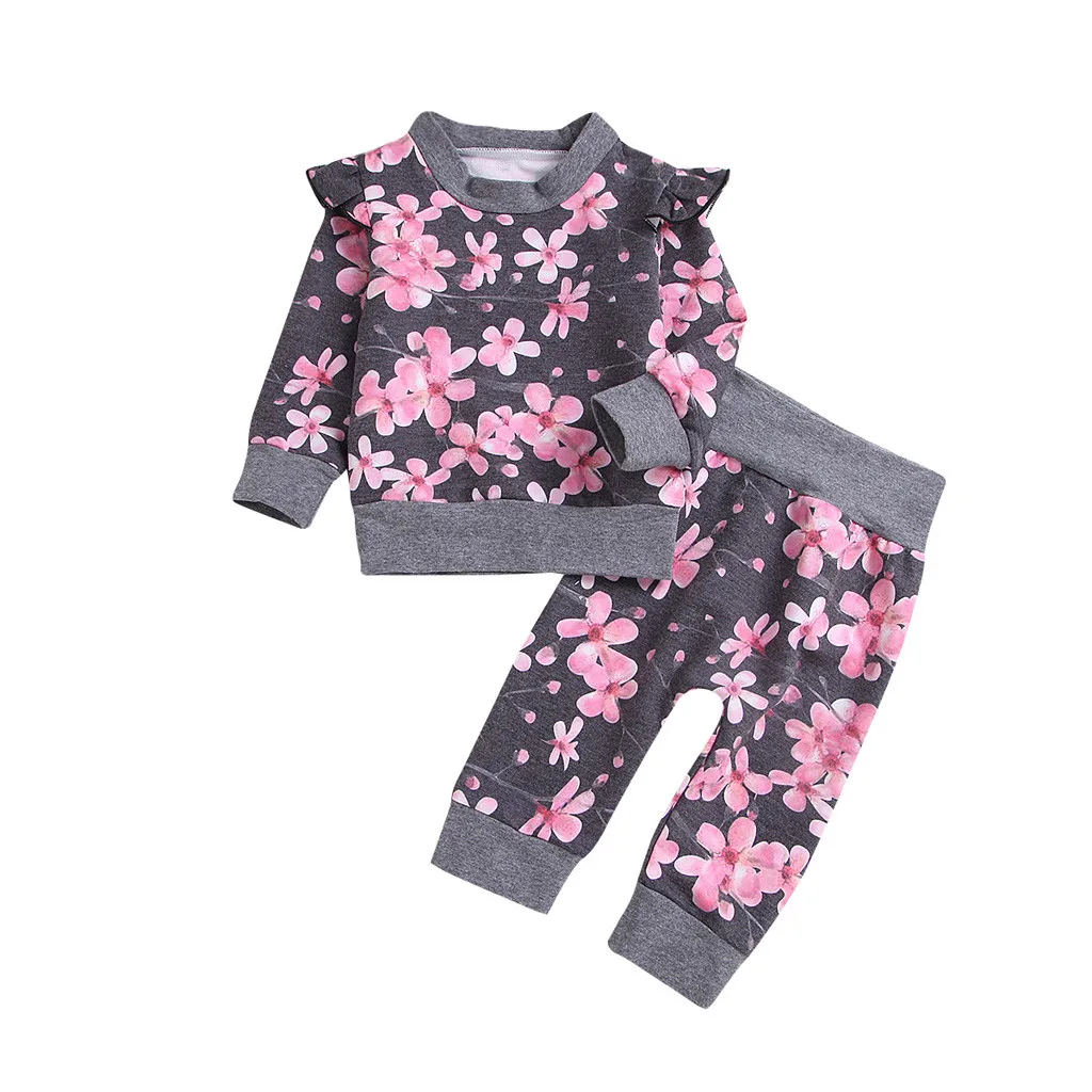 Toddler Kids Baby Girl Floral Tops+Pants 2pcs Outfits Sweatshirt Clothing  Sets Baby Girls Boys Sweatsuit Tracksuit Flower