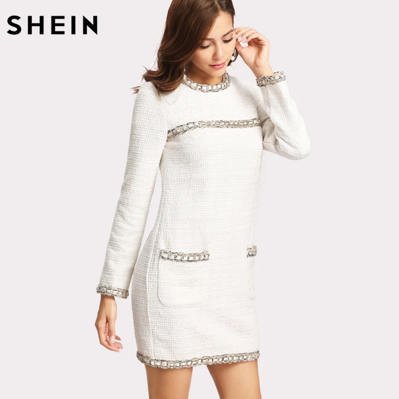 SHEIN العمل النساء اللباس الشتاء جولة الرقبة Whipstitch تقليم أنيقة تويد اللباس أبيض طويل الأكمام جيوب مستقيم اللباس
