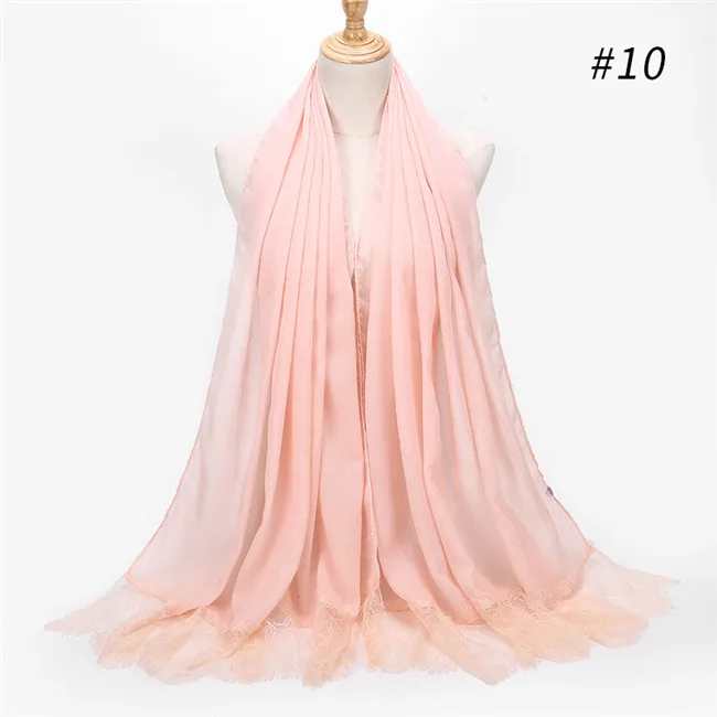 10 шт., красивые хиджабы с кружевными краями, шарфы для женщин, однотонный/однотонный мягкий вискозный платок, большой кашне, шаль - Цвет: Розовый