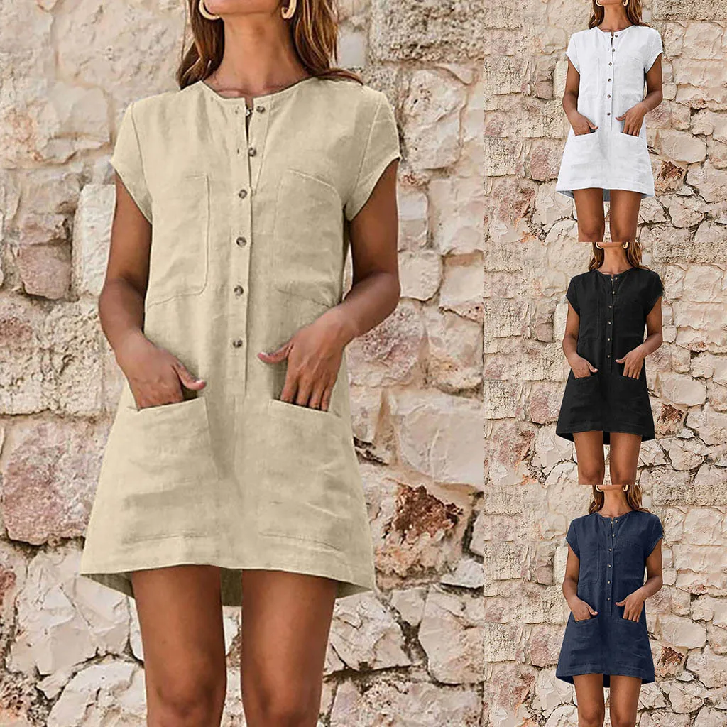 

Dress 2019Top Women Summer Casual Solid Color Button Pocket Short Sleeve Cotton Dress