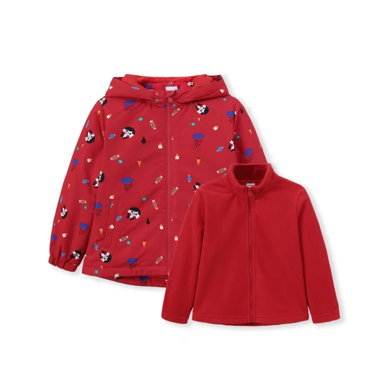 Balabala/верхняя одежда для маленьких девочек 2 в 1; куртка со съемным флисом; куртка со стоячим воротником; детская куртка с принтом; ветровка - Цвет: Red and white