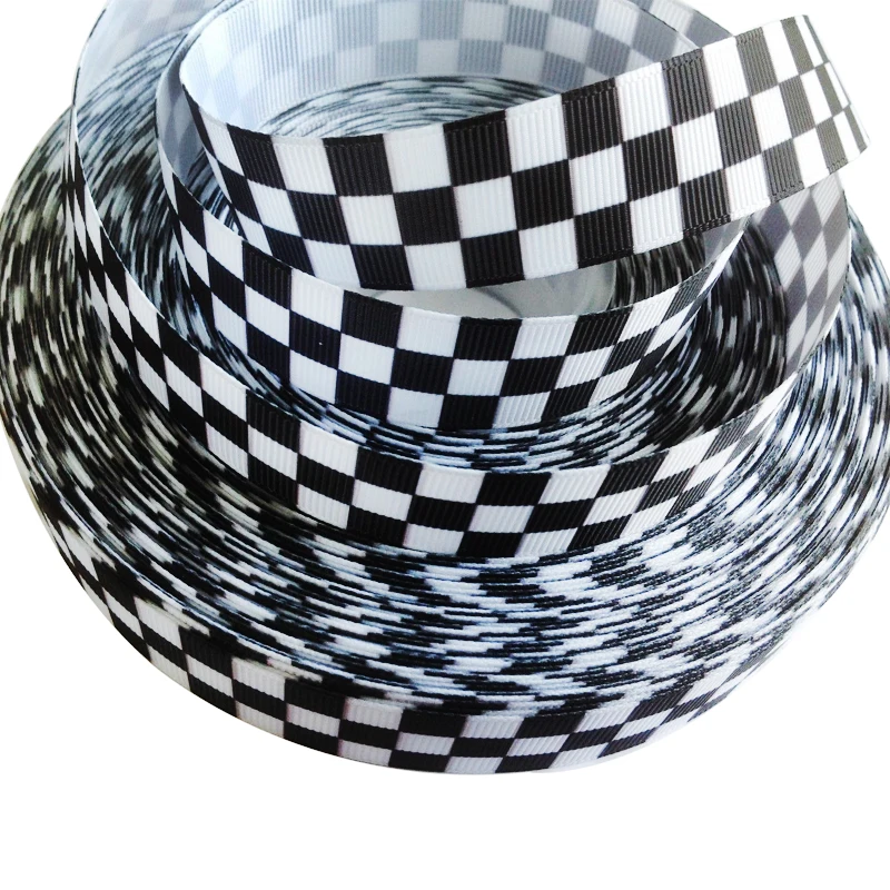 7/8inch 22mm Black White Grosgrain Printed Ribbon Checkered Flag