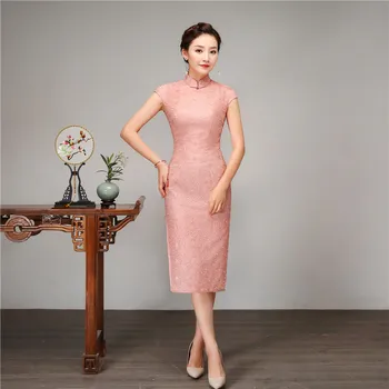 

Chinese Style Women Slim Long Qipao 100% Silk Short Sleeve Cheongsam Pink Mandarin Collar Girl Evening Party Dress Vestidos