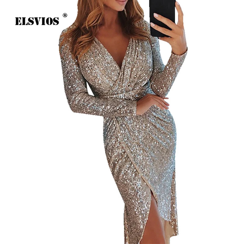 ELSVIOS для женщин oversize блеск блестками миди платье Осень Sexy Глубокий V средства