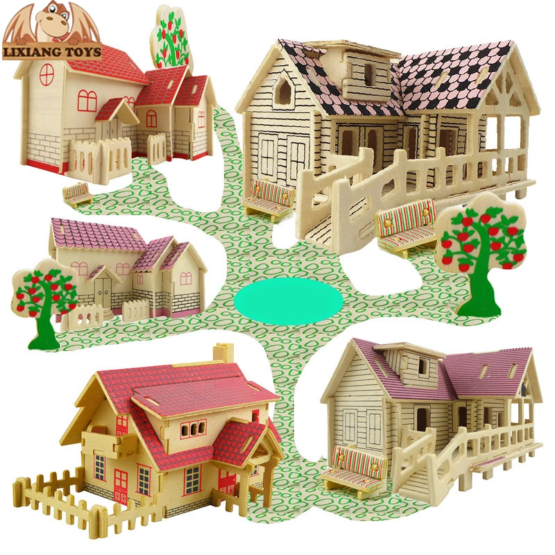 

DIY Wooden Building Blocks Manual Assembly Wood Blocks Toys 3D Model House Educational Toys for Children