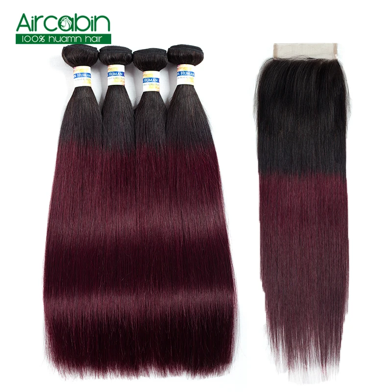 

1B/99J Straight Hair 4 Bundles with Closure Pre-Colored Ombre Brazilian Human Hair with Closure AirCabin Non Remy Extensions