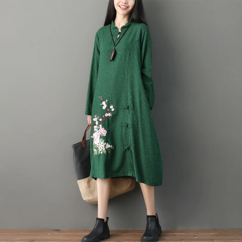 

Chinese Style Autumn Winter Cotton Linen Dress Fashion jacquard large size plate buckle Embroidered long sleeve Long Dress