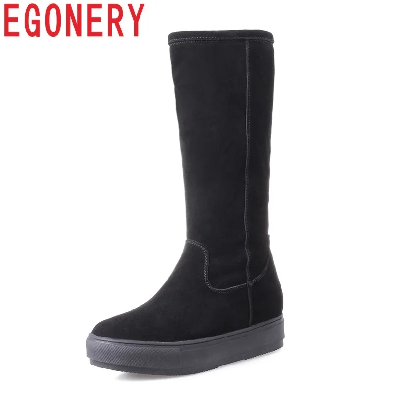 

EGONERY high quality cow suede new hot sale med flat with platform round toe zipper mid calf boots black and camel women shoes