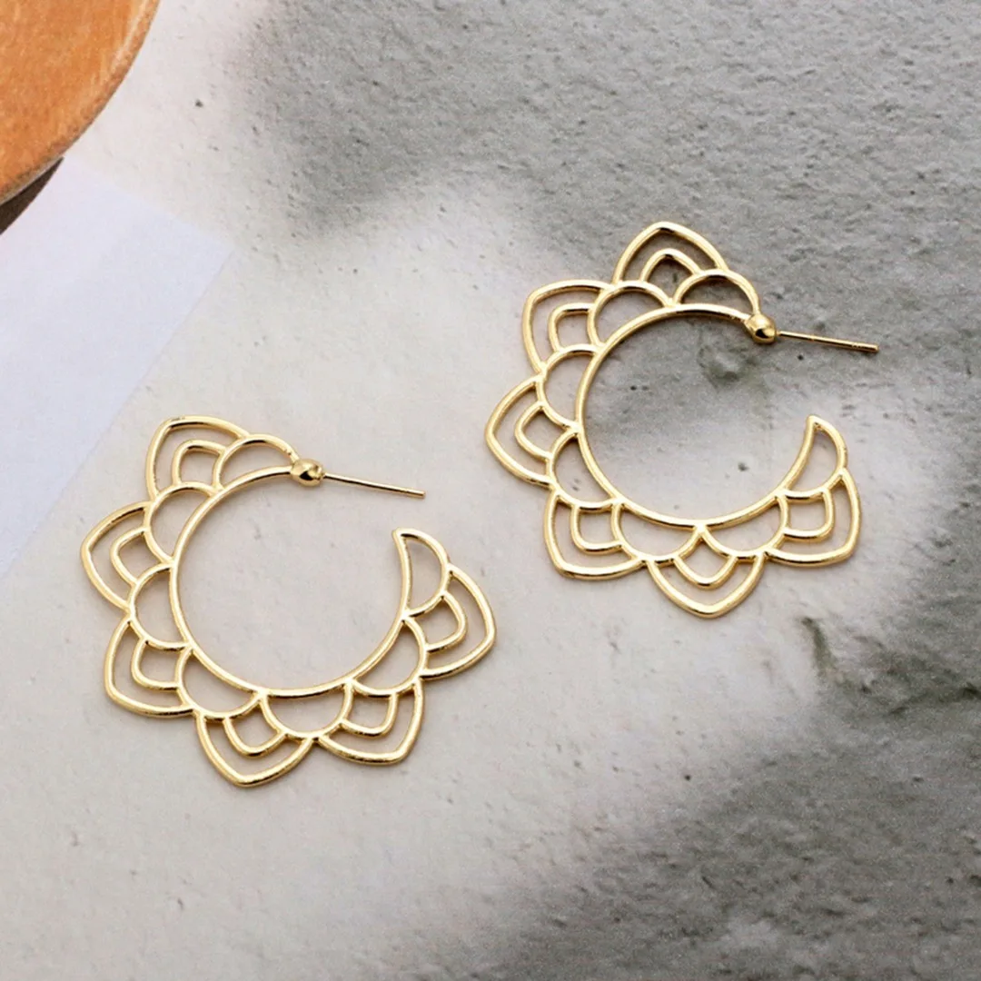 Vintage Ethnic Silver/Gold Color Hoop Earrings Charms Hollow Lotus Flower Earrings Bohemian Womens' Jewelry Accessories Gifts