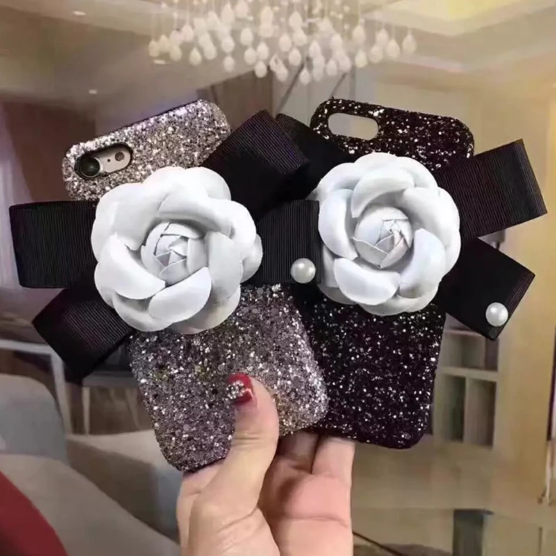 Роскошный Блеск 3D Цветок Телефон Case Для iPhone 7 Plus 6 s Плюс Камелии Крышка Жесткий PC