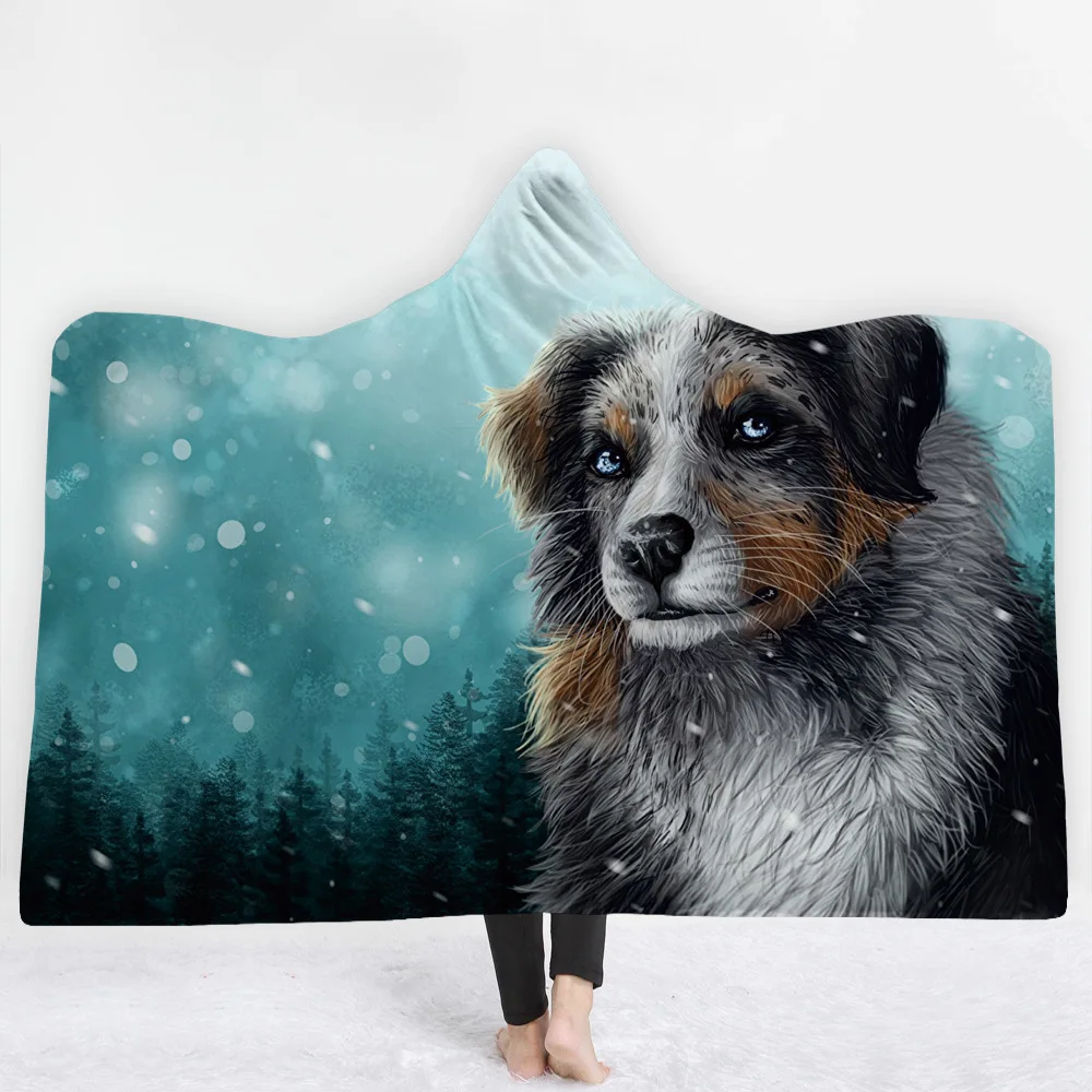 Конверт с капюшоном с 3D принтом собаки волка одеяло с капюшоном из кораллового флиса зимнее теплое дорожное покрывало для пикника