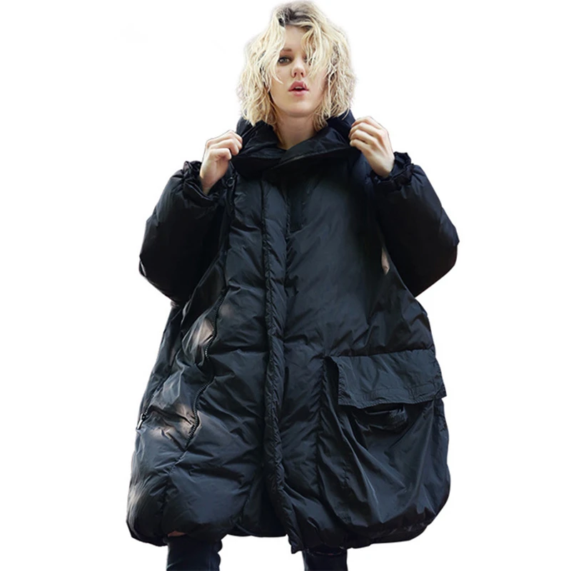 

2019 Winter Women Black Down Jackets Cloak Type Fashion Plus Size Parka Street Hooded Coat Zipper Thick Warm Waterproof Overcoat