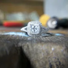 1.5CTW 6x6mm Cushion Cut Moissanite Ring 14K Solid White Gold,Moissanite Accent Side Stone Engagement Ring,Fantacy Wedding Band