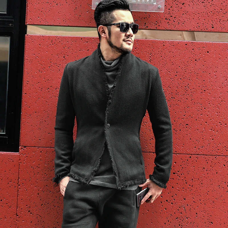 New Spring Retro Black Fur-trimmed Casual Slim Black European Style Suit for Men Stand Collar Men Suit Blazer Brand F8288