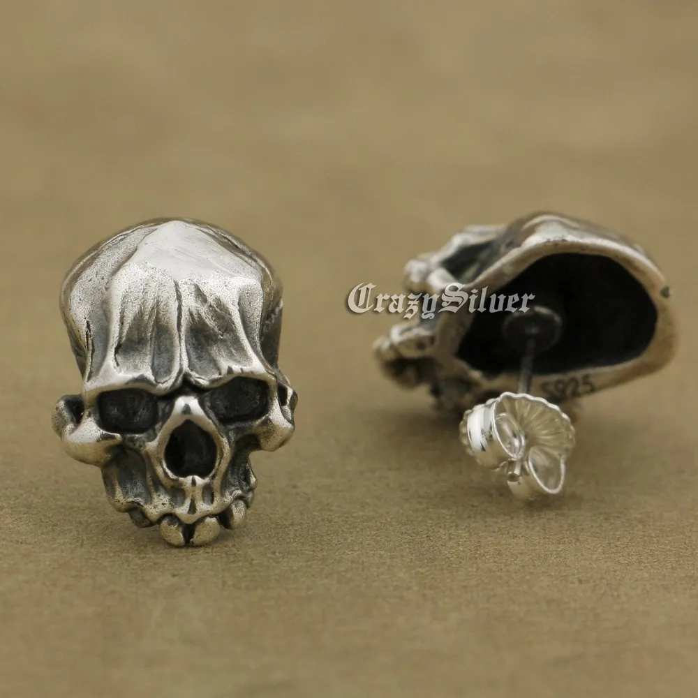 925 Sterling Silver Skull Stud Earrings Handmade Men Women Rock Punk Goth Retro