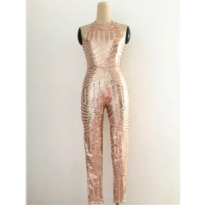 sexy Gold sequin jumpsuit mesh Romper Summer Women Glitter Halter Open Back Party bodycon jumpsuit body ladies Overalls Clubwear
