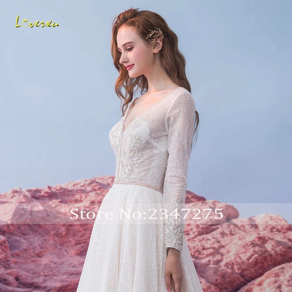 Loverxu Vestido De Noiva свадебные кружевные платья с длинными рукавами роскошное свадебное платье с открытой спиной и v-образным вырезом с аппликацией из бисера и жемчуга