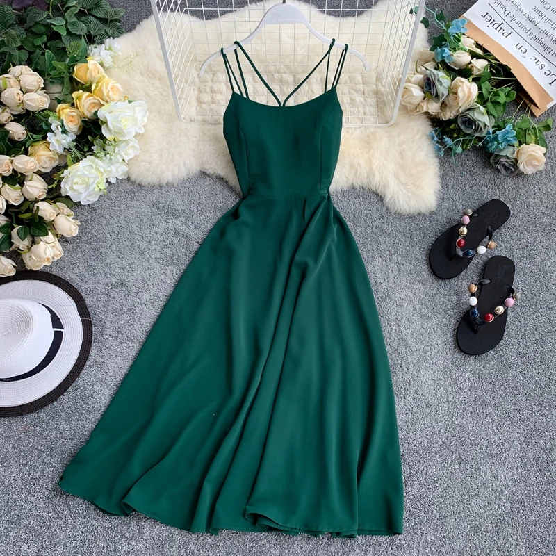 

Taotrees Women Sleeveless Summer Spaghetti High Waist Solid Slim Sexy Dress