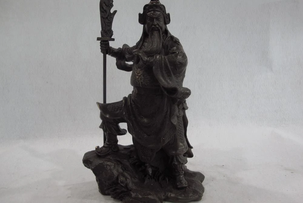 

China Fengshui Bronze Copper Dragon Guan Gong Guan Yu Warrior Hold Sword Statue