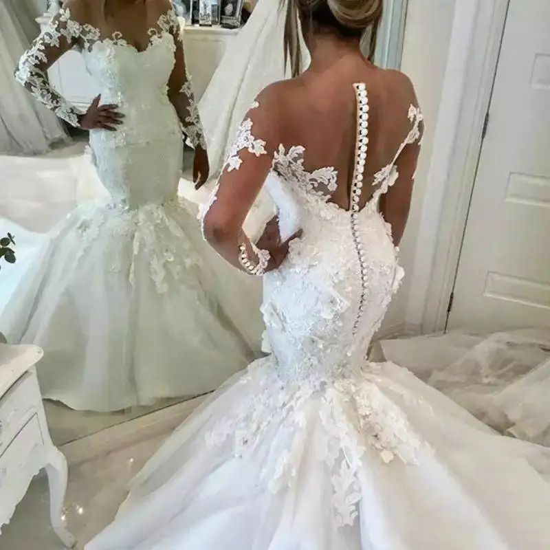 Mermaid Wedding Dresses Lace 3D Floral Applique Court ...