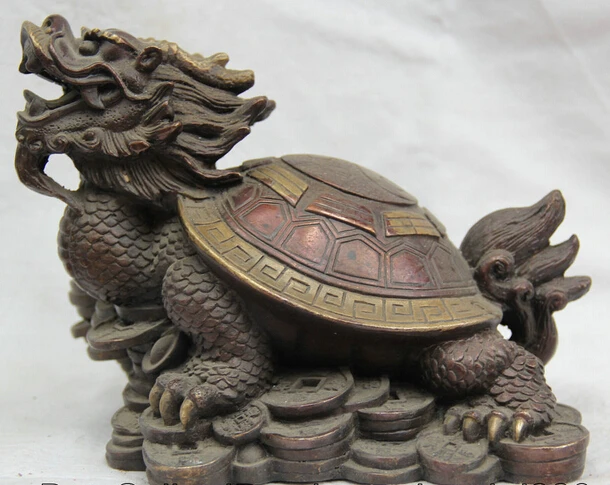 

JP S061 8 " Chinese Bronze money coin wealth Yuan Bao Dragon tortoise Turtle Statue B0403